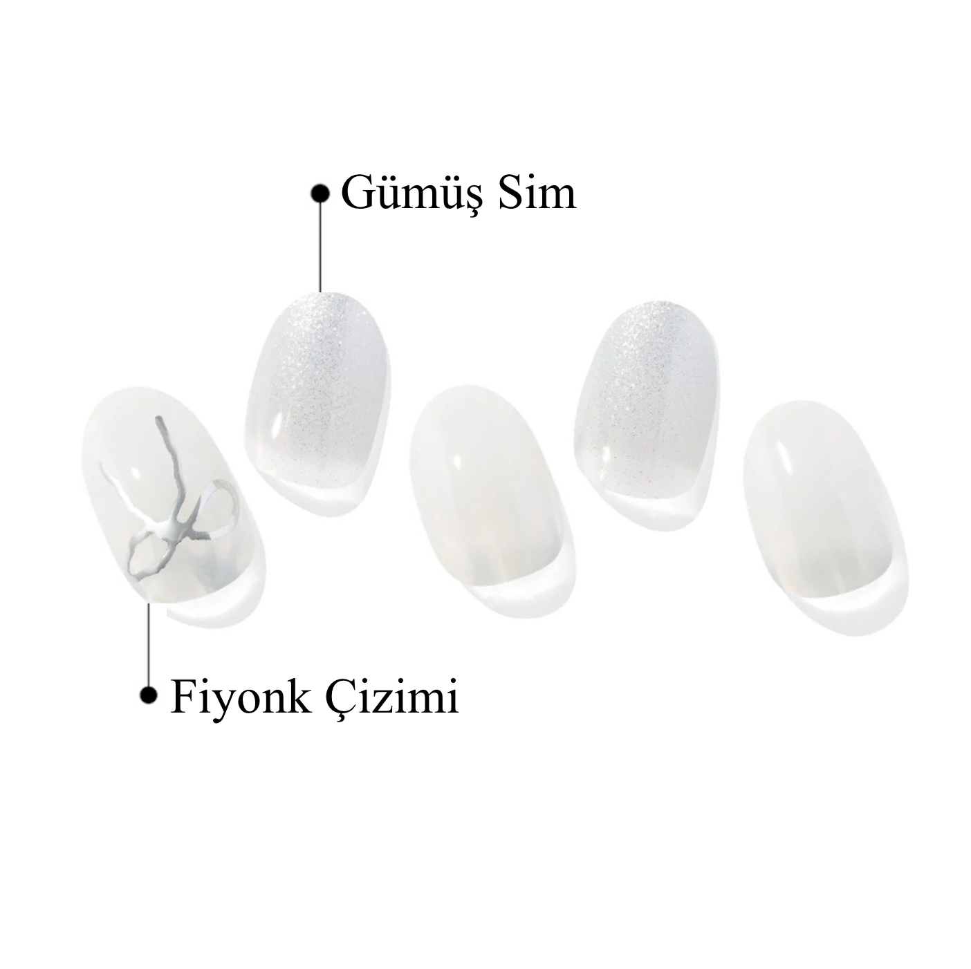 gümüş simli fiyonk desenli jel tırnaklar