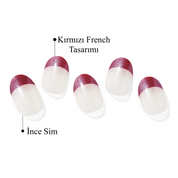 kırmızı french ve simli takma tırnaklar