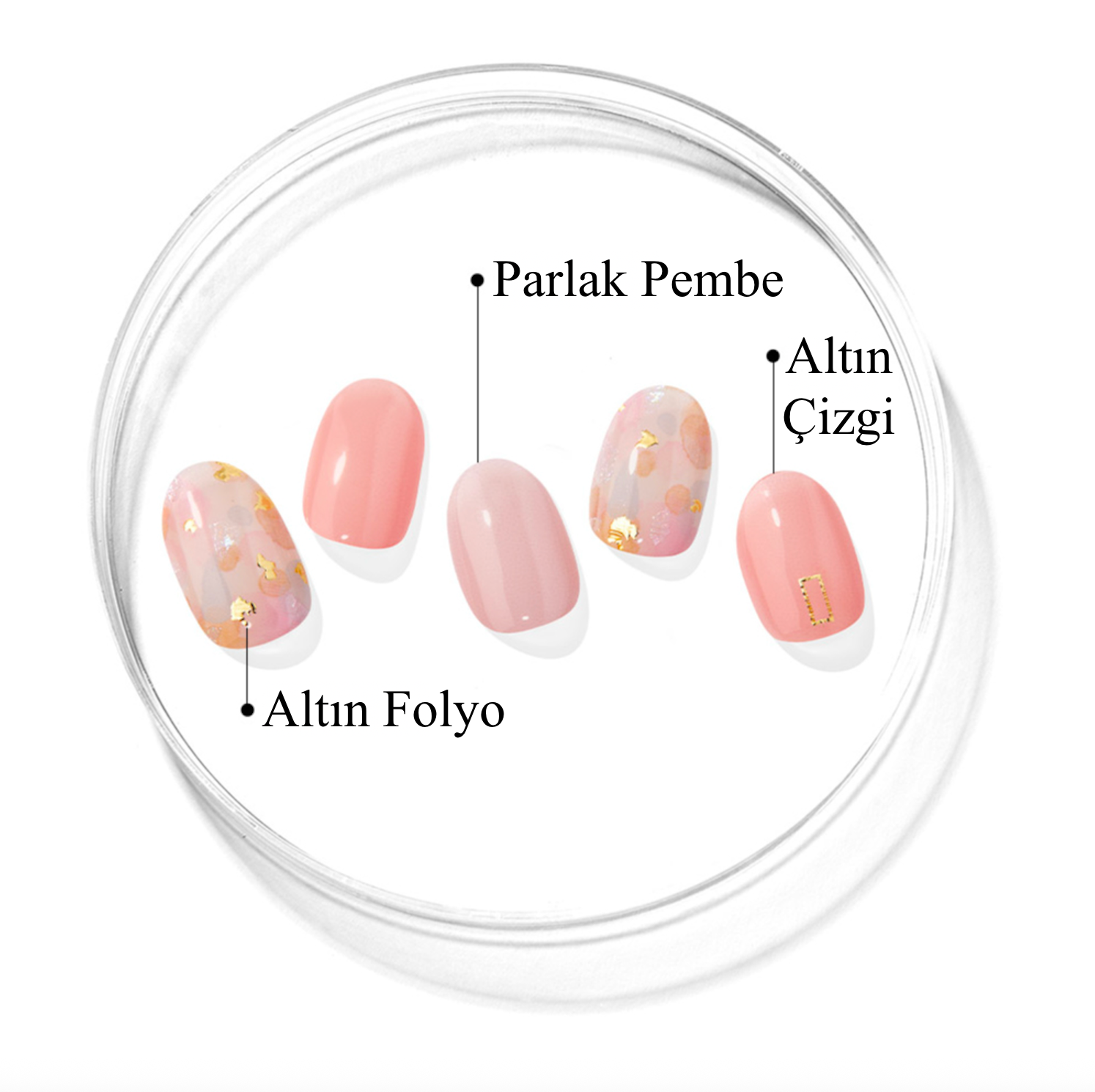 altın folyo çizgi ve pembe renkli jel tırnaklar