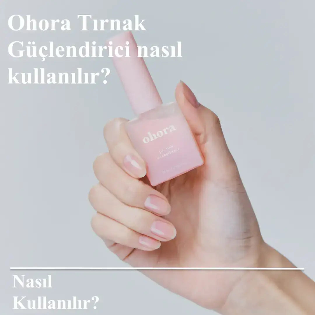 Beyaz kapaklı ve 'ohora' markası siyah renkte pembe oje şişesi