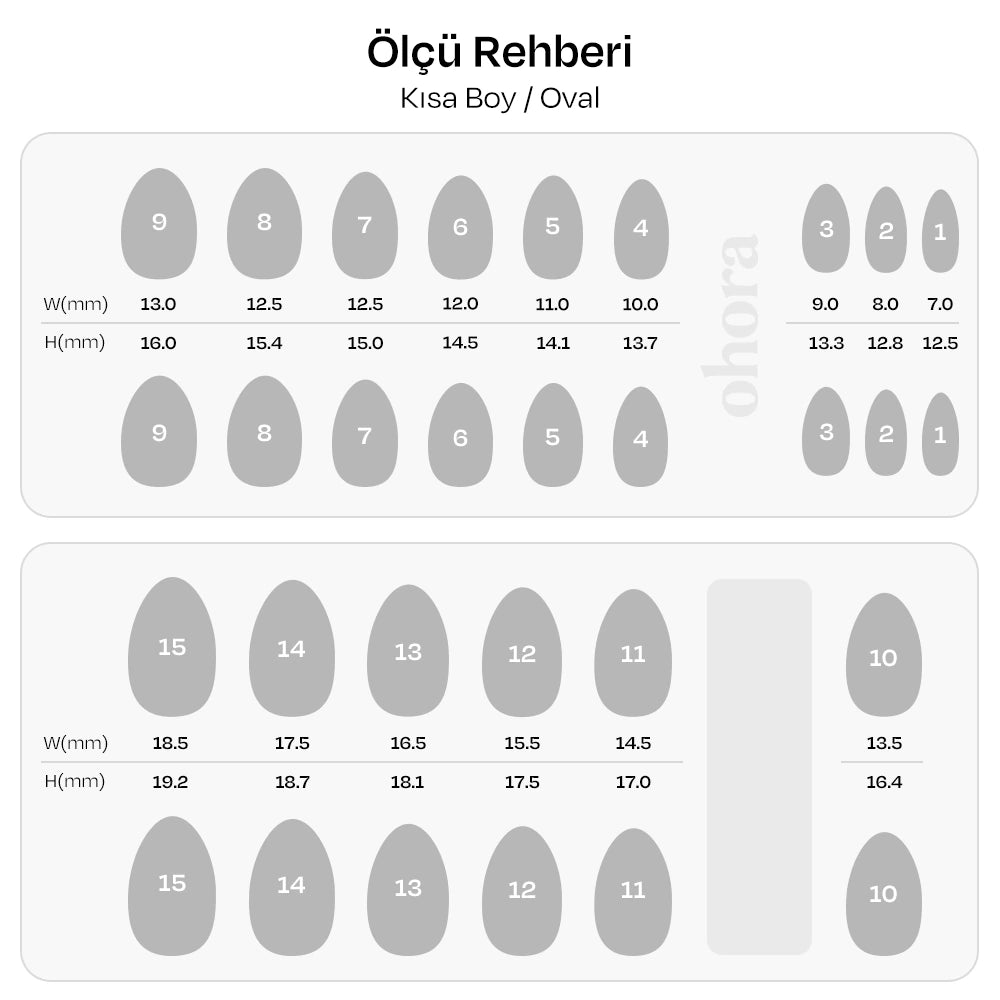 Kısa Oval jel takma tırnak ölçü rehberi: 15 bedenin milimetre tablosu