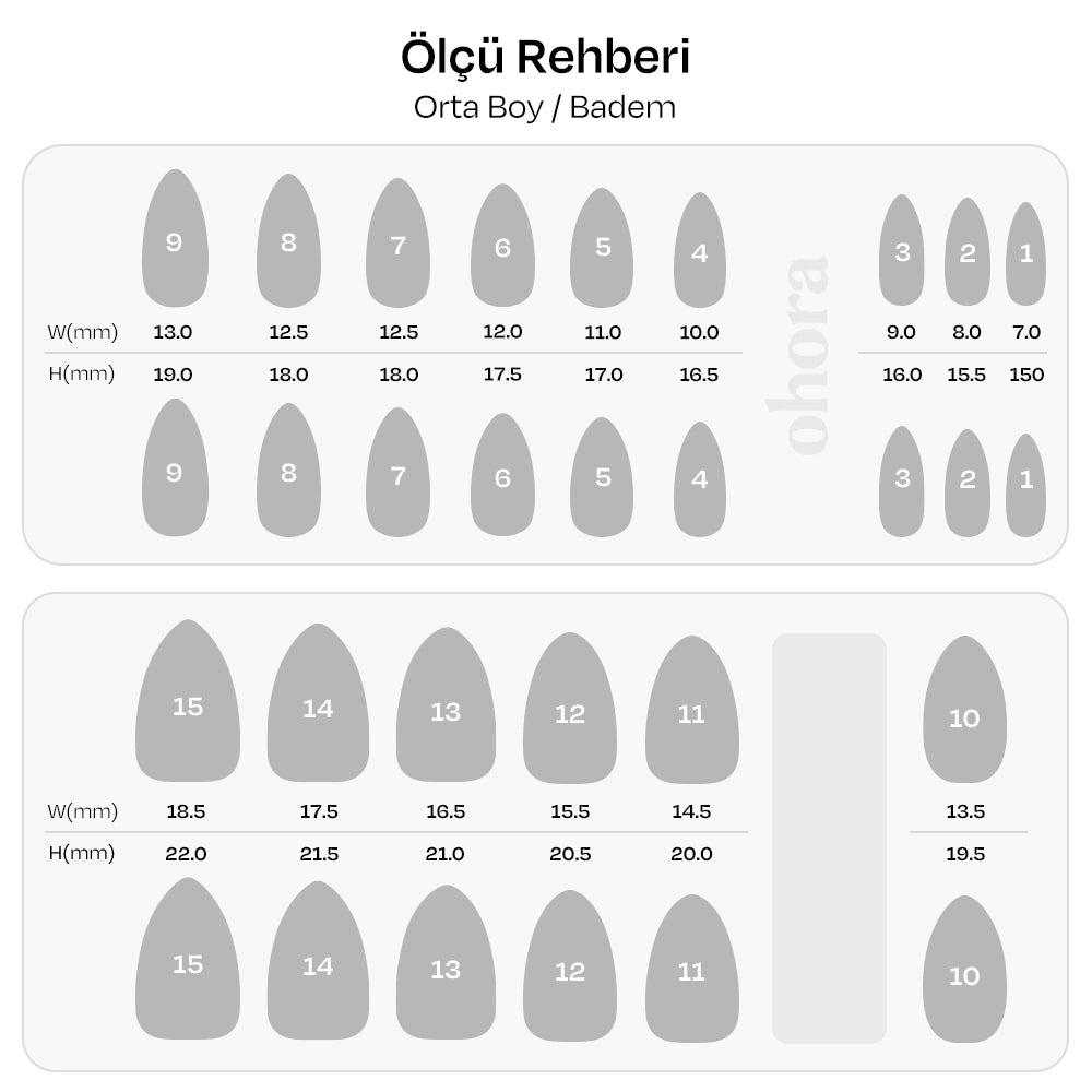 Orta Boy Badem jel takma tırnak ölçü rehberi: 15 bedenin milimetre tablosu