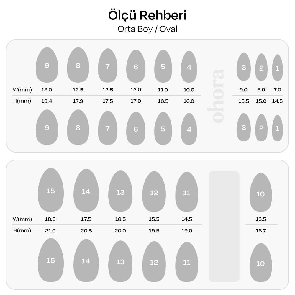 Orta Boy Oval jel takma tırnak ölçü rehberi: 15 bedenin milimetre tablosu