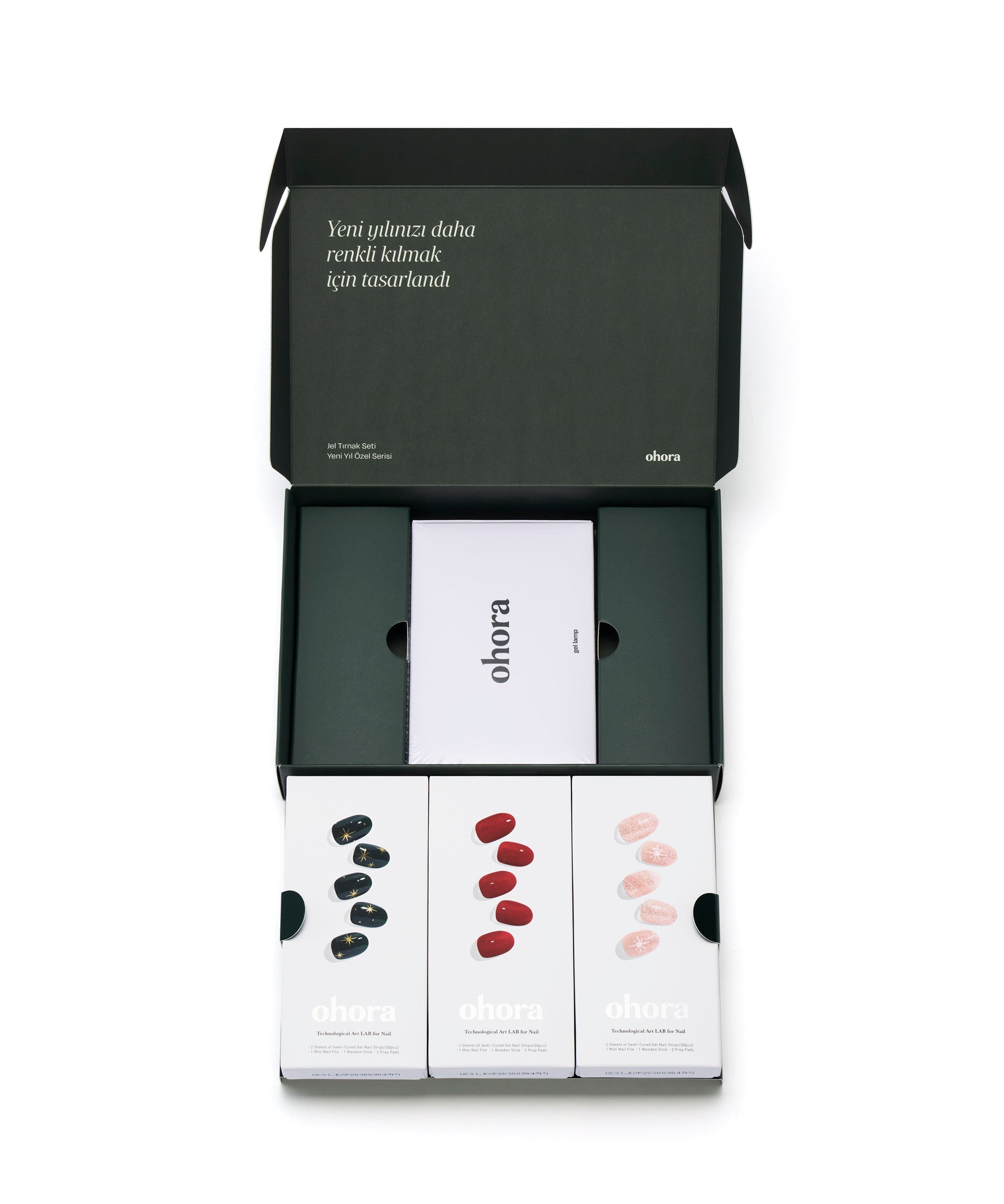 yeşil kırmızı ve pembe renklerinde uv lambalı jel tırnak seti