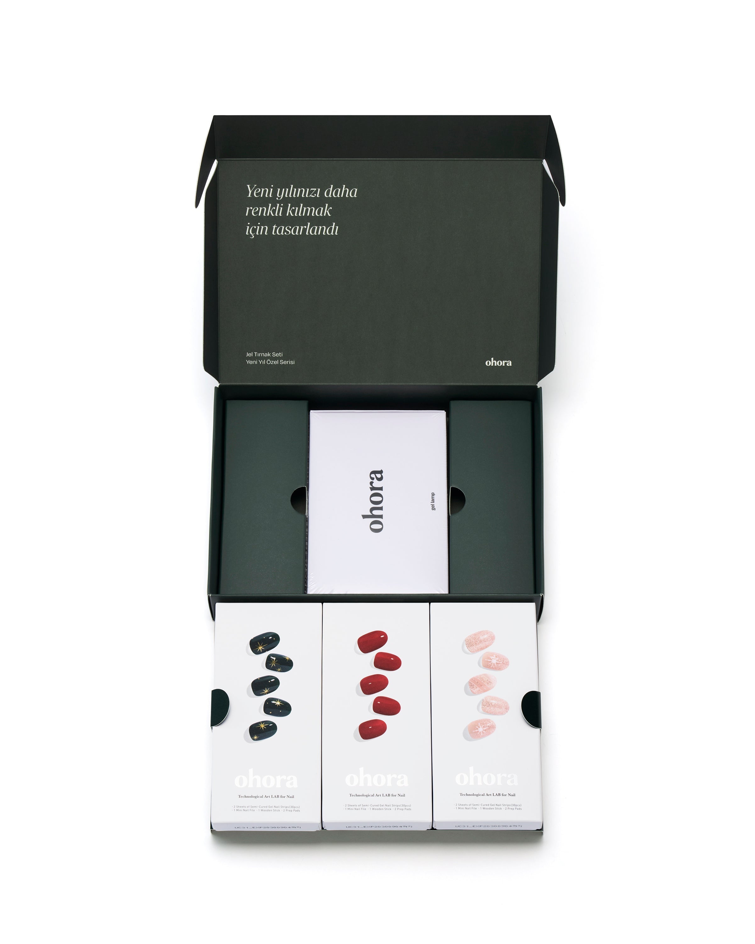 yeşil kırmızı ve pembe renklerinde uv lambalı jel tırnak seti