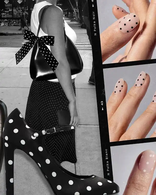 Siyah ve beyaz puantiyeli moda kolajı